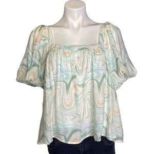 BLU PEPPER Short Balloon Sleeve Peasant Blouse Tie Back Swirl Pattern Large